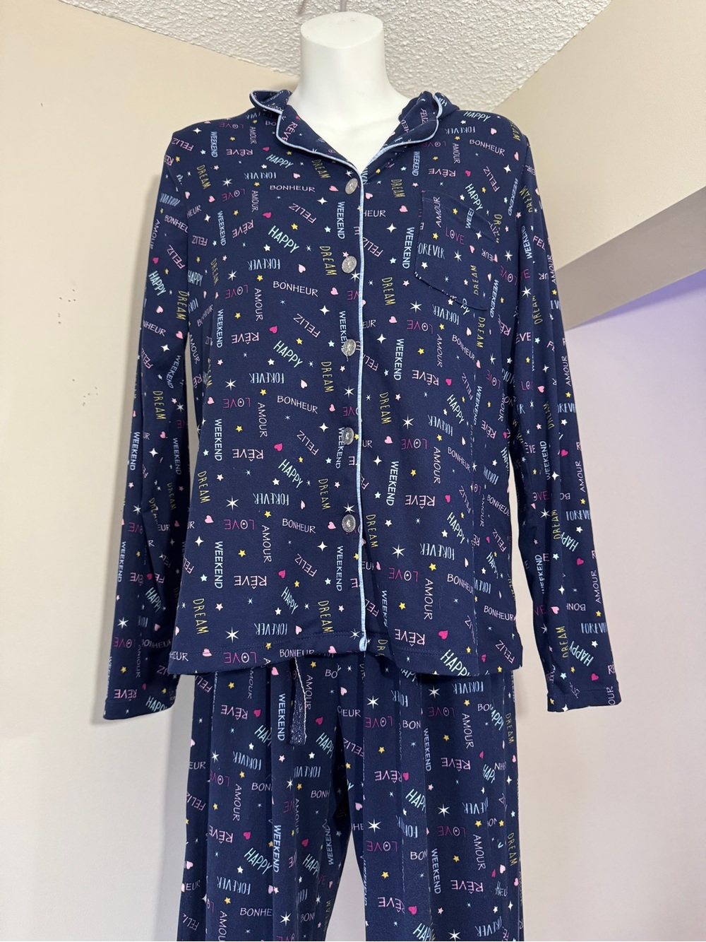 Y2K Emily & Jane Navy Amour Button Down Top & Bottoms Pajama Set